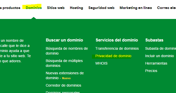 privacidad de dominio menu godaddy servicios